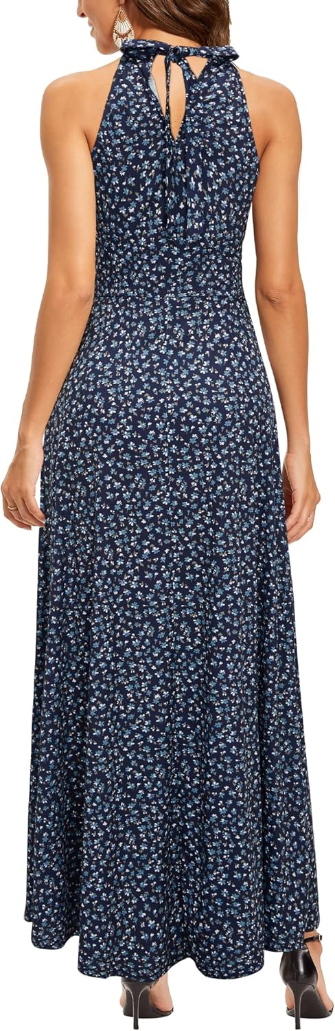 STYLEWORD Damen Neckholder Elegant Sommerkleid Ärmellos Blumenkleid Maxikleid Lange Strandkleid S Fl