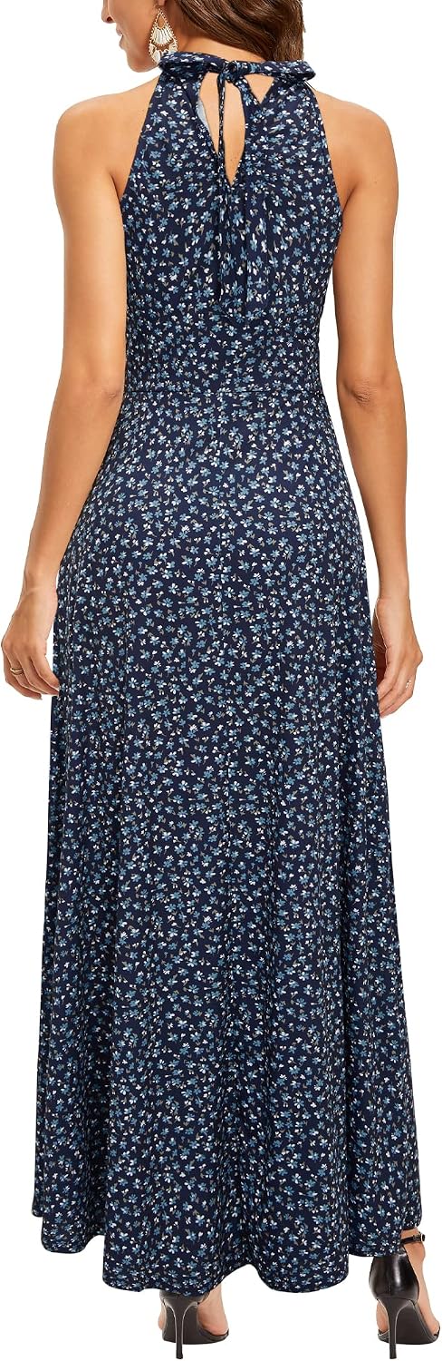 STYLEWORD Damen Neckholder Elegant Sommerkleid Ärmellos Blumenkleid Maxikleid Lange Strandkleid M Fl