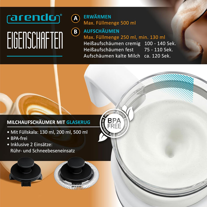 Arendo – Milchaufschäumer elektrisch – 600 Watt Heizelement – 500 ml – 6 Automatikprogramme – Milchs