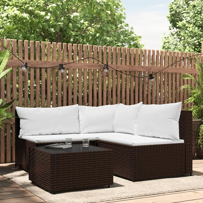 vidaXL 4-TLG. Garten-Lounge-Set mit Kissen Braun Poly Rattan Eckteil+2xMittelteil+Tisch Braun, Eckte