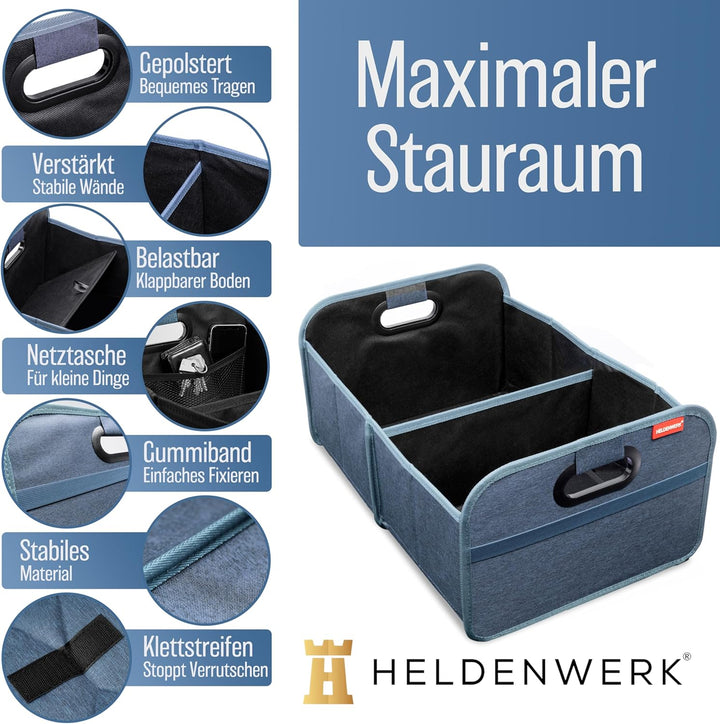 HELDENWERK Kofferraumtasche faltbar mit Anti-Rutsch-Klett - Kofferraum-Organizer, Auto Faltbox, Eink