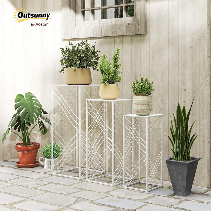 Outsunny 3er-Set Pflanzenständer, 50/60/70 cm hoch Blumenständer, stapelbar Pflanzenregal aus Metall