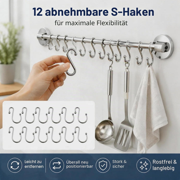 Küchenhakenleiste mit 12 Haken S, Saugnapfmontage, Wandorganizer OHNE BOHREN, Traglast 10 kg, für Tö