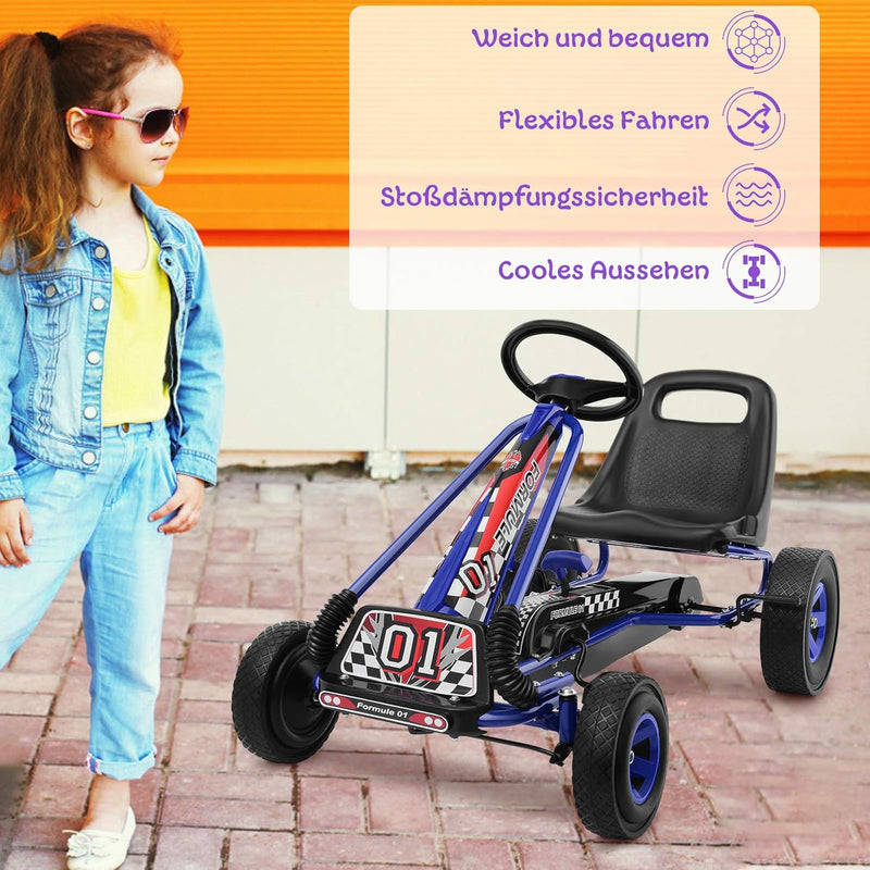 GOPLUS Gokart ab 3-8 Jahre, Kinderfahrzeug mit Verstellbarem Sitz, Tretauto aus Gummireifen, Flexibl