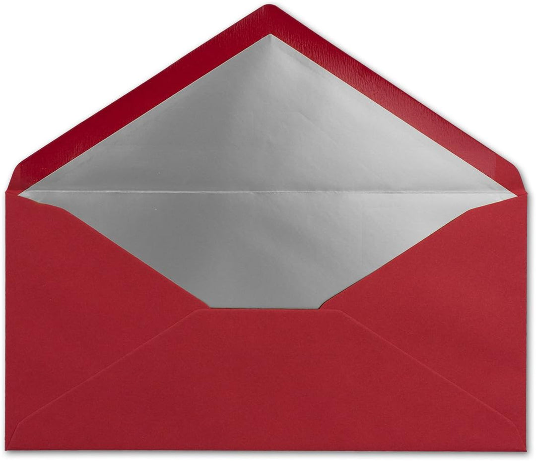 75 Brief-Umschläge DIN Lang - Dunkel-Rot mit Silber-Metallic Innen-Futter - 110 x 220 mm - Nassklebu