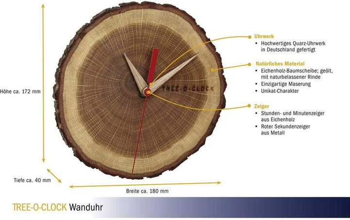 TFA Dostmann Tree-O-Clock Wanduhr aus Eichenholz, 60.3046.08, hochwertiges Uhrwerk, handgemacht in d