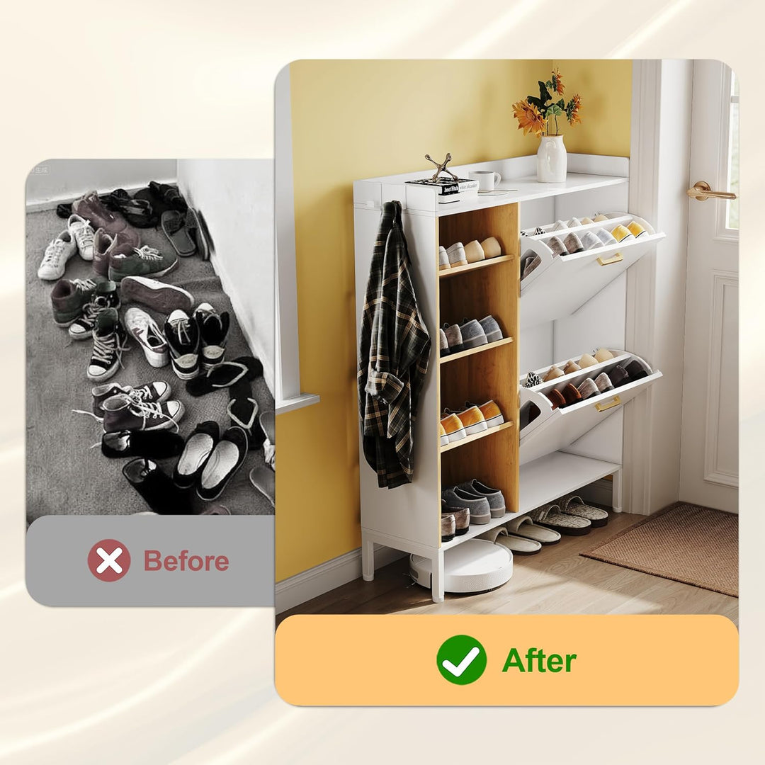 Schuhschrank mit 2 Klappen Schmal Schuhschrank mit 2 Flip-Schuhregal und 4 Ablagefächer platzsparend