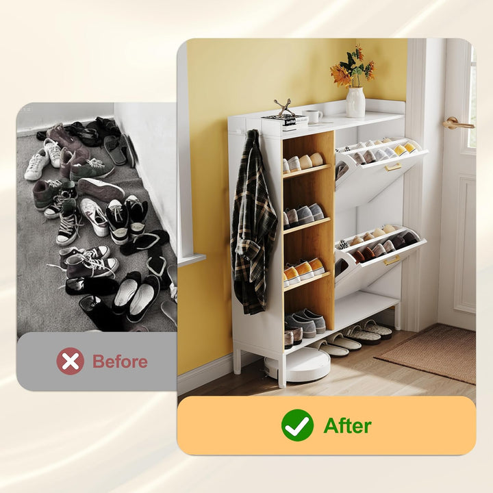 Schuhschrank mit 2 Klappen Schmal Schuhschrank mit 2 Flip-Schuhregal und 4 Ablagefächer platzsparend