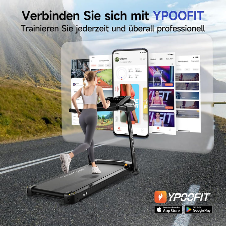 YPOO Laufband für Zuhause, Laufband Klappbar mit Steigung 8%, Laufbänder Leise bis 13km/h mit Grosse