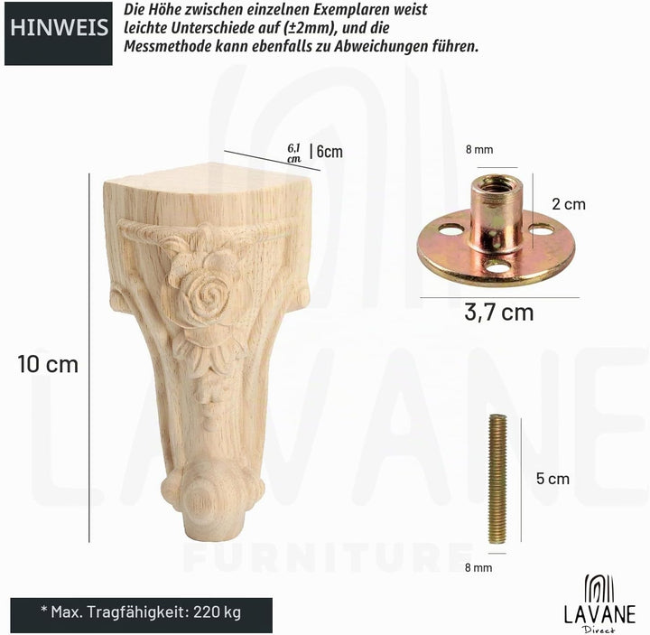 La Vane 4" / 10cm Holz Möbelfüsse, 4 Stück Europäisch Stil Massivholz Geschnitzten Ersatz Tischbeine