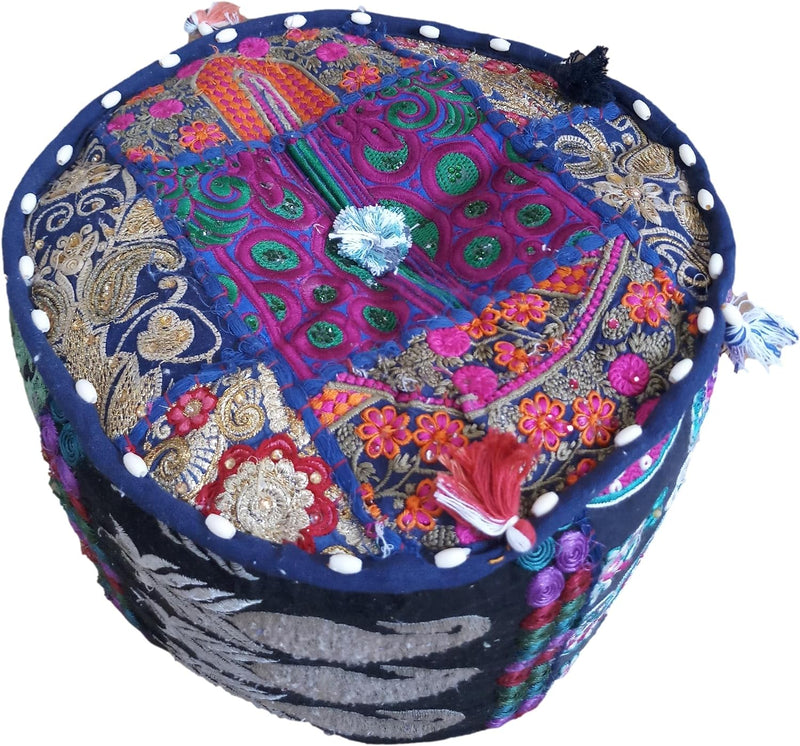 PUSHPACRAFTS Ottoman Pouf Indian Bohemian Style Interior Decor Fusshocker Bodenkissen Indian Embroid