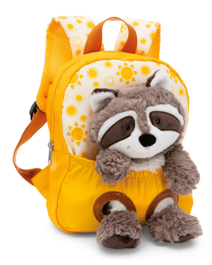 NICI Kinderrucksack gelb 2 in 1 mit Kuscheltier Waschbär 25cm - Kindergartenrucksack Mädchen & Junge
