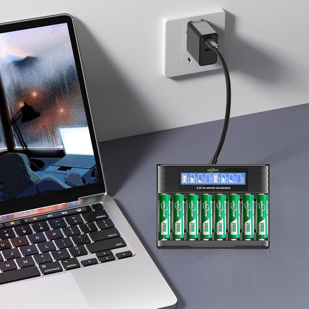2800mAh NI-MH AA Batterie mit Ladegerät,SUNLYTOUR 8 Stück 2800mAh AA NI-MH Batterien mit 8 Slots AAA