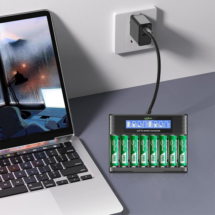 2800mAh NI-MH AA Batterie mit Ladegerät,SUNLYTOUR 8 Stück 2800mAh AA NI-MH Batterien mit 8 Slots AAA