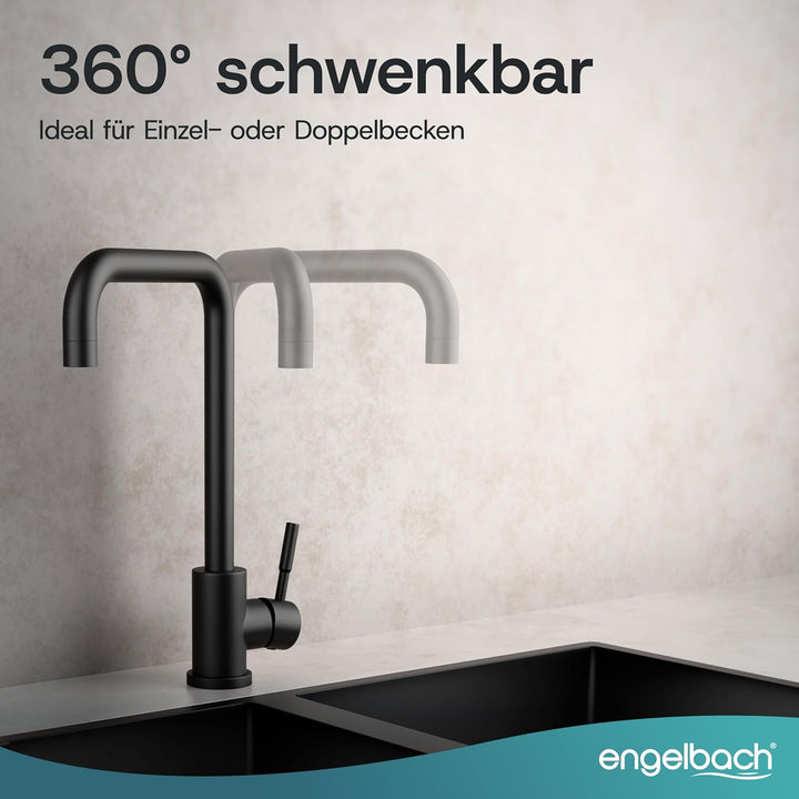 Engelbach® Wasserhahn Küche Schwarz - 360° Schwenkbare Küchenarmatur aus 304 Edelstahl - inklusive t
