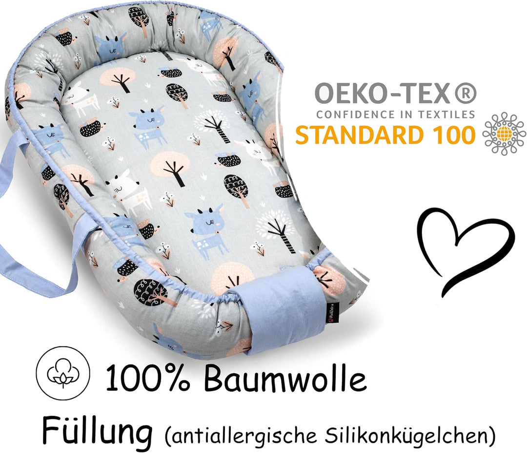 PinkZebra Tragetasche,2 in 1 Tragetasche, Tragenest Kokon aus Baumwolle, Bambi Blau, Bambi Blau
