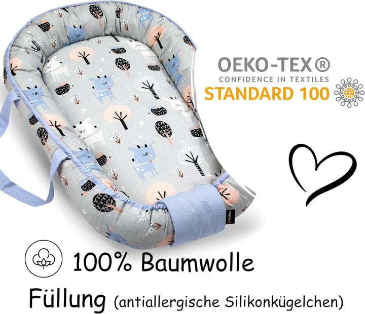 PinkZebra Tragetasche,2 in 1 Tragetasche, Tragenest Kokon aus Baumwolle, Bambi Blau, Bambi Blau