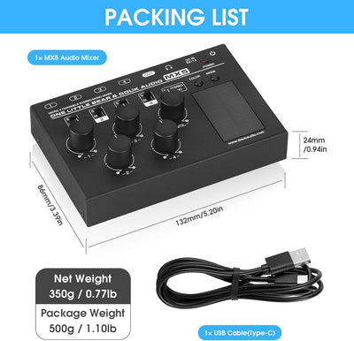 Douk Audio MX5 Mono/Stereo 4-Kanal Audio Mixer Ultra-rauscharmer Line Mixer LED Pegelmesser