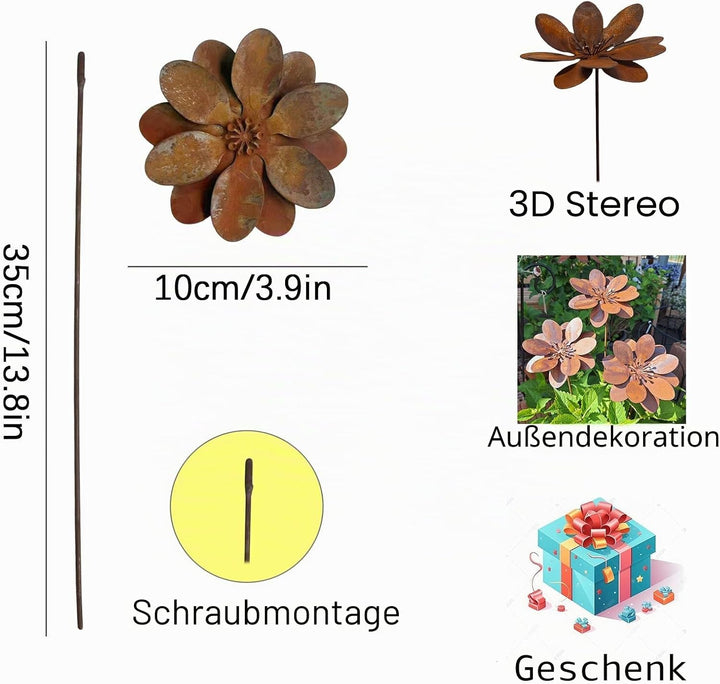 3er Set Gartenstecker Rost Deko Gartendeko für Draussen Wetterfest Sonnenhut Metall Rost Gartendeko