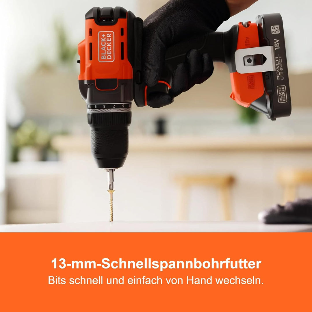 BLACK+DECKER POWERCONNECT 18V Akku-Bohrschrauber mit 2 x 2,0-Ah-Akkus, 1-A-Ladegerät und Kitbox, BCD