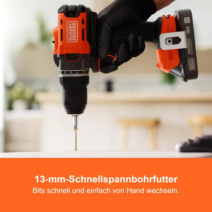 BLACK+DECKER POWERCONNECT 18V Akku-Bohrschrauber mit 2 x 2,0-Ah-Akkus, 1-A-Ladegerät und Kitbox, BCD