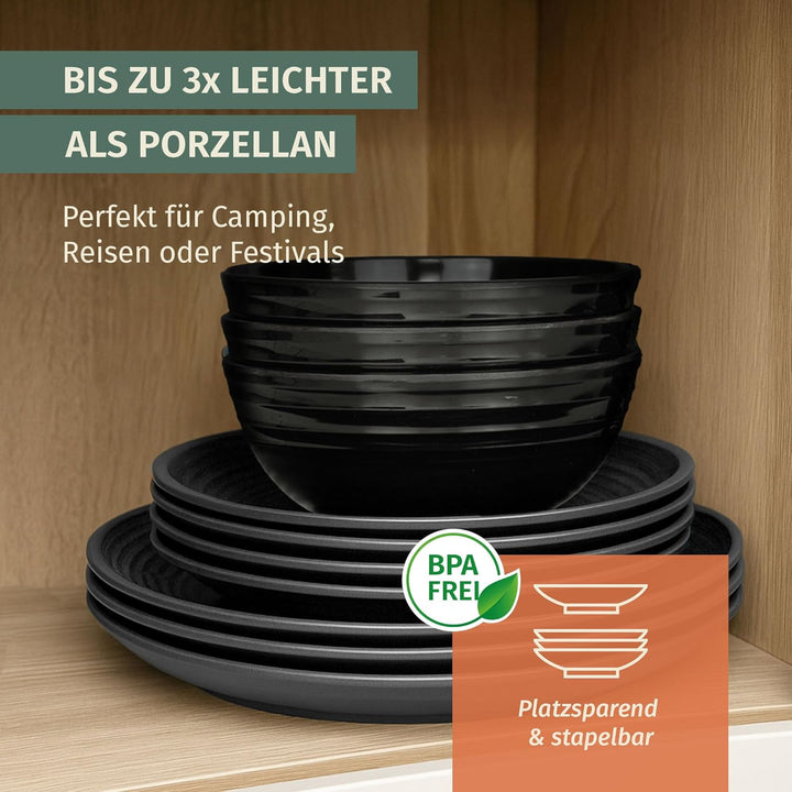 Camping Geschirr Set 1 Person 3-teilig | Melamin | Picknick Geschirrset | Campinggeschirr Stone Dark