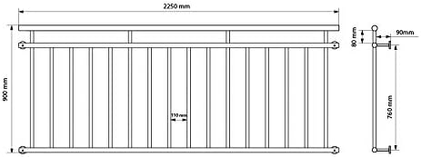 ECD Germany Französischer Balkon 90 x 225 cm mit 16 Füllstäben, Schwarz matt &amp; rau, Stahl pulverbesc