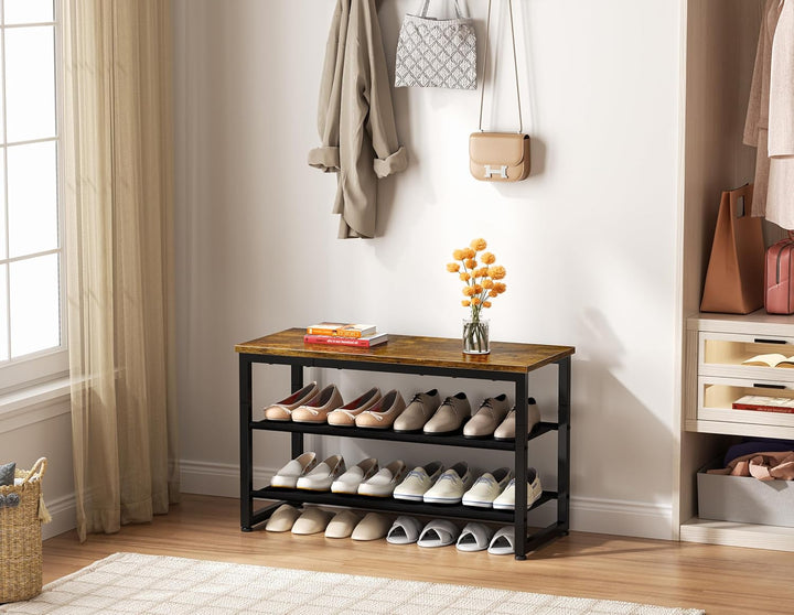 HOMIDEC Schuhregal mit 3 Ebenen, Schuhbank mit Holzplatte, Schuhregal mit Sitzbank, Regal Vliesstoff