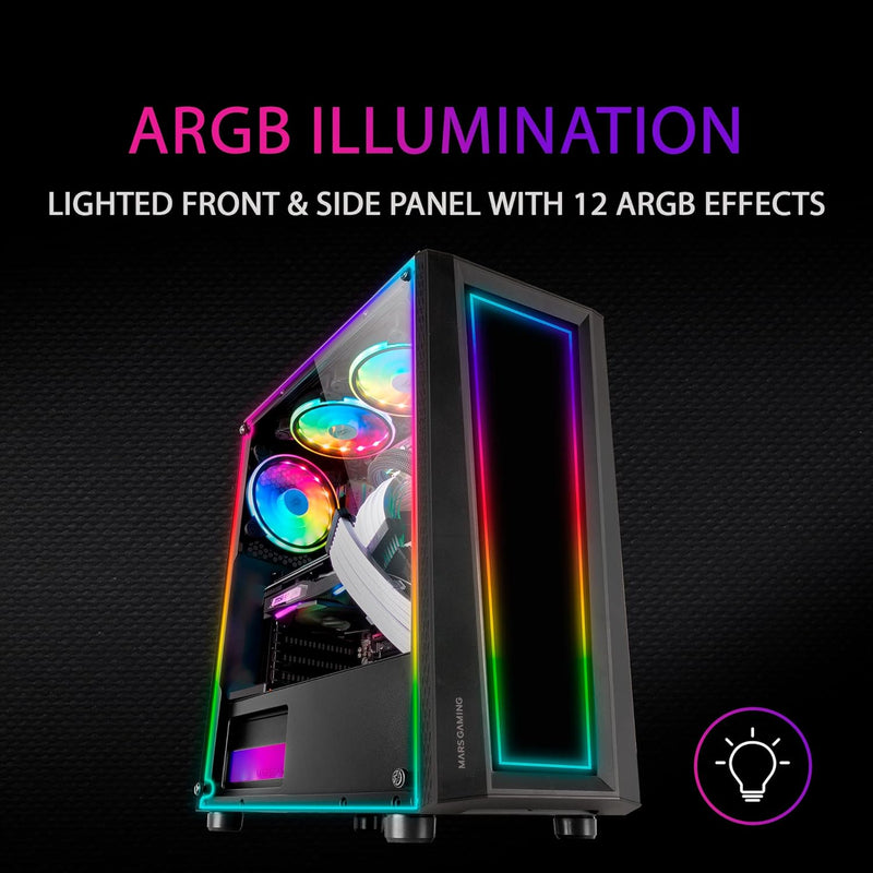 MarsGaming MC-Art Schwarz, PC Gaming ATX Gehäuse, Doppelt Zeichnbar Gehärtetes Glas, ARGB 12 Mode, 1