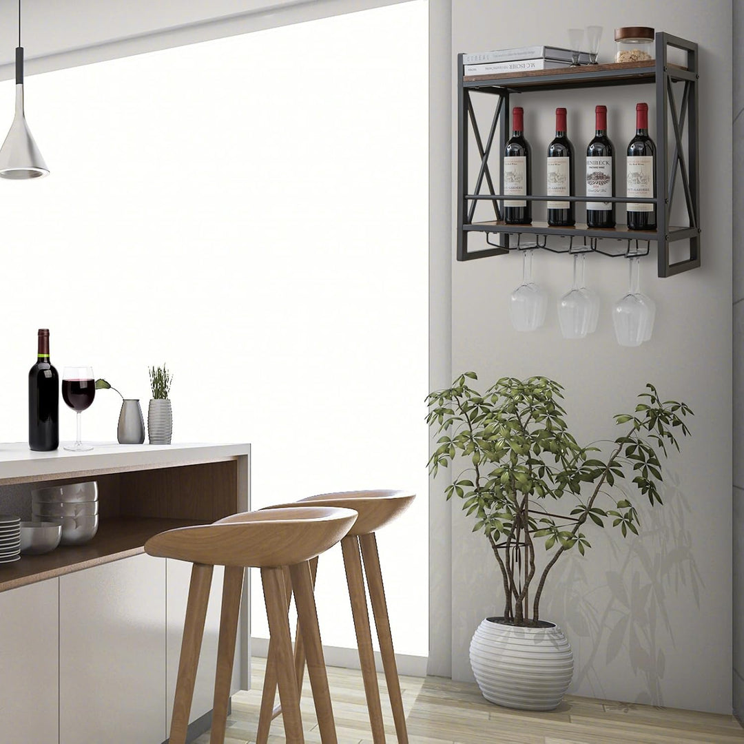 KOMFOTTEU Weinregal Wand, Flaschenregal Holz mit Metallrahmen, dekoratives Wandregal mit Becherhalte