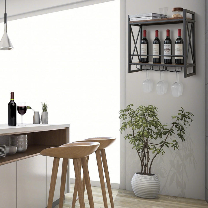 KOMFOTTEU Weinregal Wand, Flaschenregal Holz mit Metallrahmen, dekoratives Wandregal mit Becherhalte