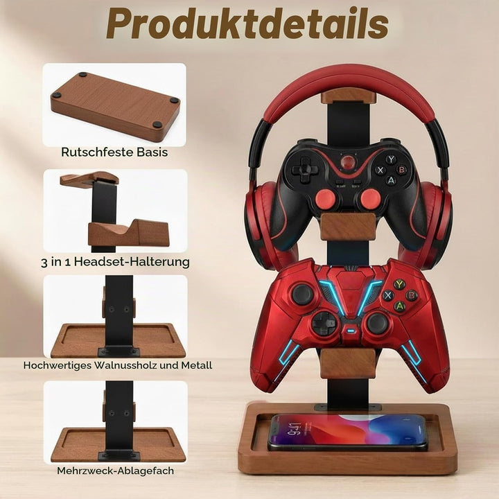 3 in 1 Kopfhörerhalter und Controller Halterung Holz, Zweigeschossig Kopfhörer Ständer mit Sockel, T