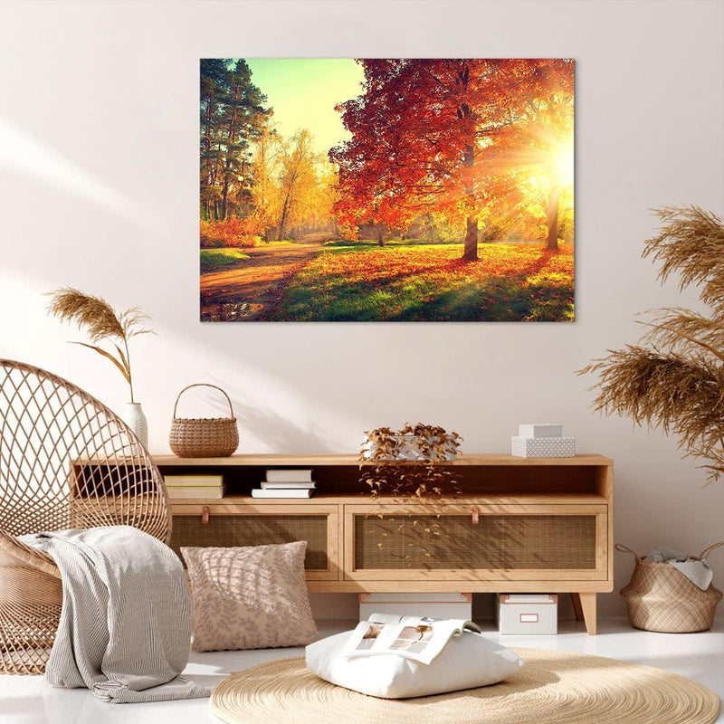 Bilder auf Leinwand 100x70cm Leinwandbild mit Rahmen Park Herbst Baum Gross Wanddeko Bild Schlafzimm