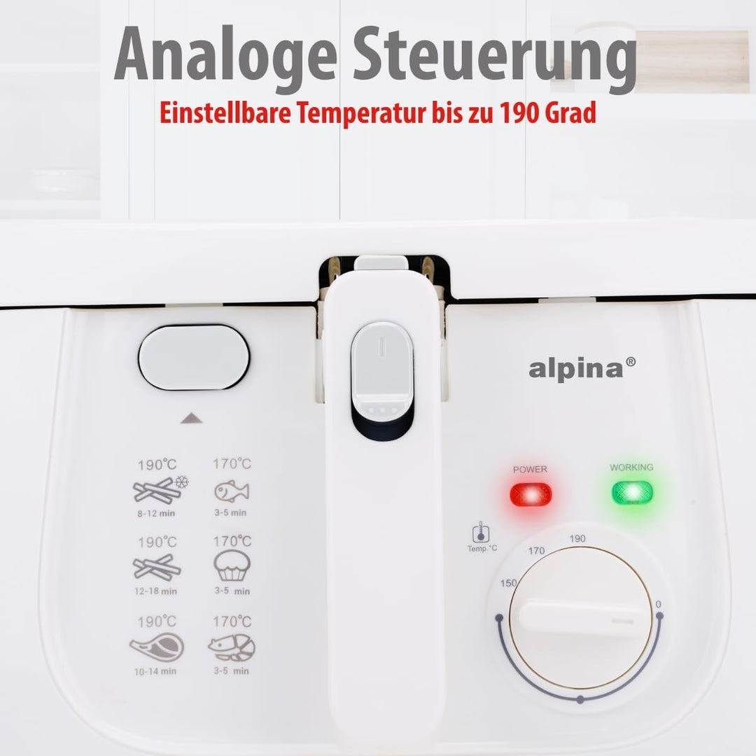 alpina Friteuse 2,5L DF-165 - Friteuse mit Fett 1800W - Einstellbare Temperatur bis 190°C - für 2 bi