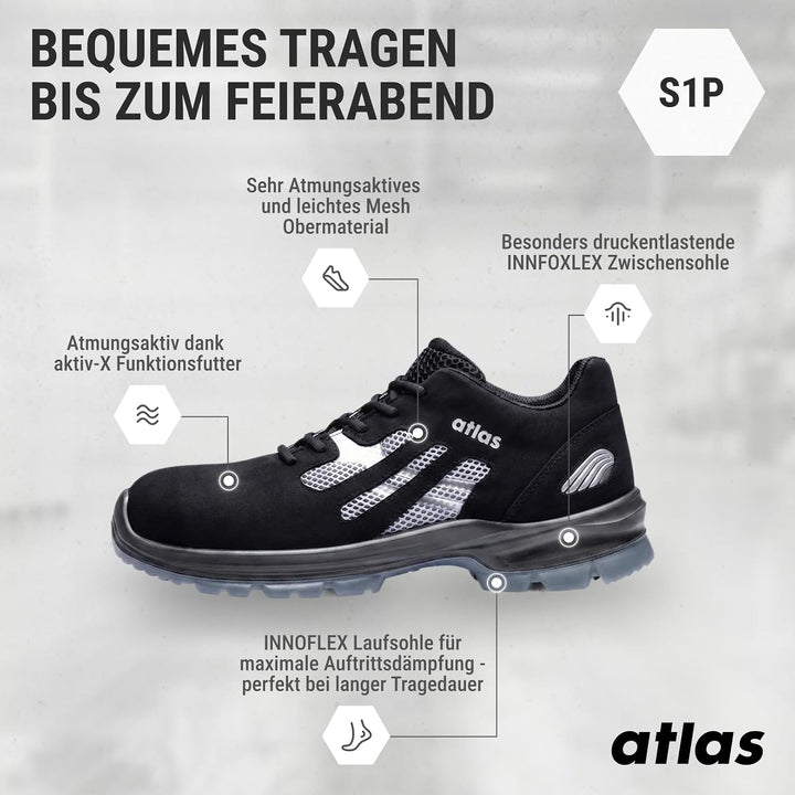 Atlas Flash 2005 | ESD S1P Arbeits-ind Sicherheitsschuhe 37 EU Schwarz Silber, 38 EU