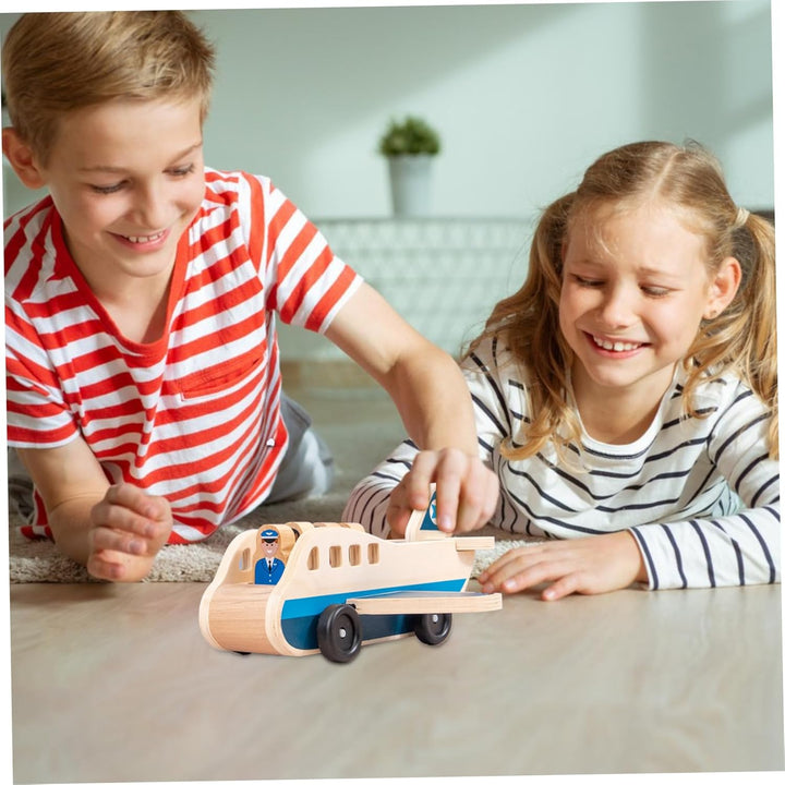 Passagierflugzeug-Set aus Holz, Spielzeugflugzeug mit 4 Spielfiguren und 4 Koffern für Kleinkinder,
