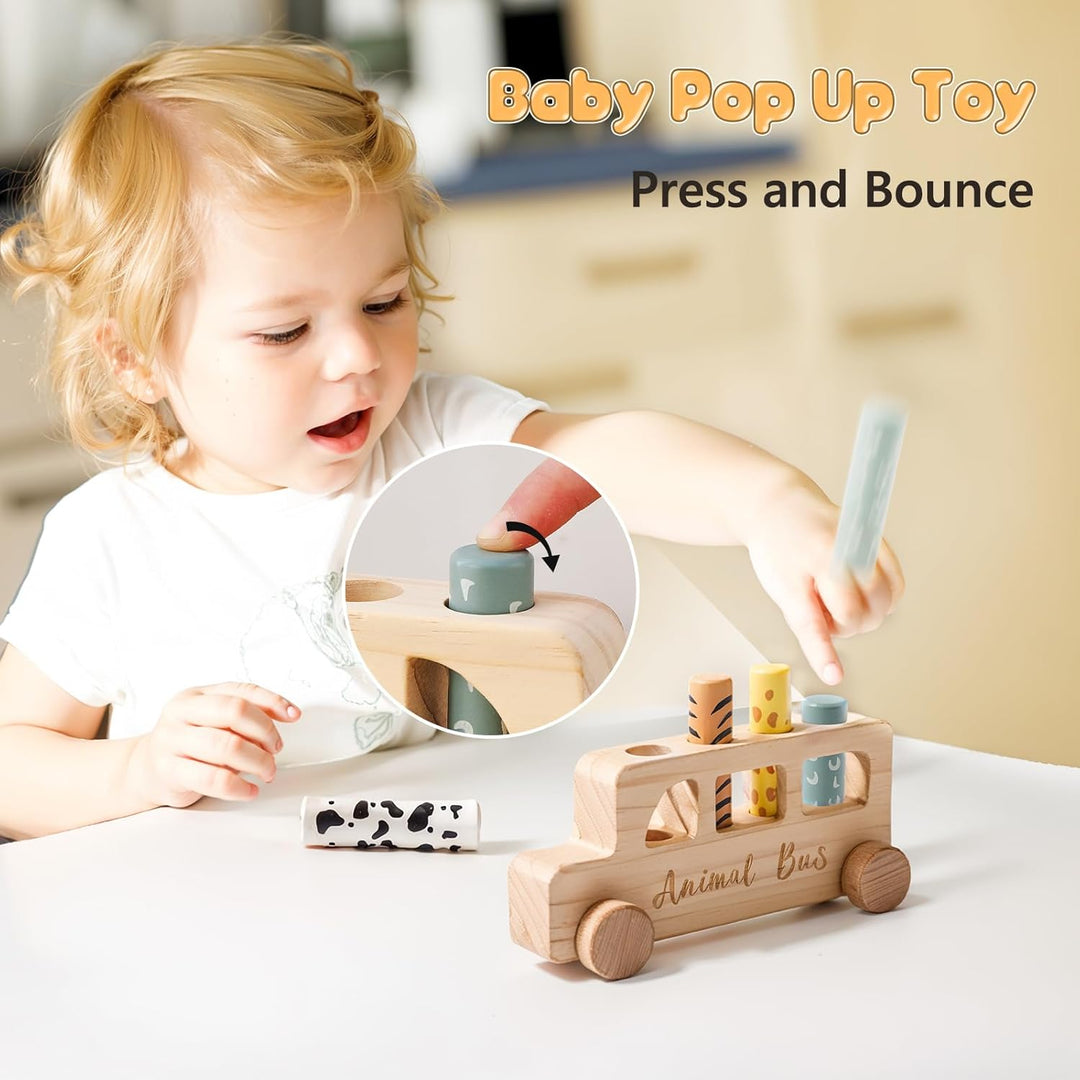 Mamimami Home Holz Pop Up Spielzeug Baby | Montessori-Spielzeug, bunter Tierbus für Kleinkinder | Vo