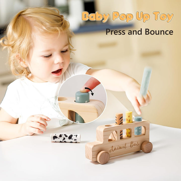 Mamimami Home Holz Pop Up Spielzeug Baby | Montessori-Spielzeug, bunter Tierbus für Kleinkinder | Vo