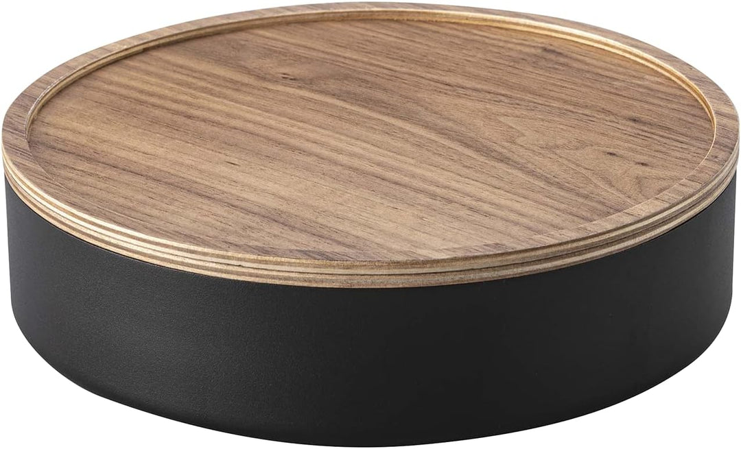 Yamazaki 5800 RIN Aufbewahrungsbehälter mit Deckel, rund, schwarz, Stahl/Holz, Minimalistisches Desi