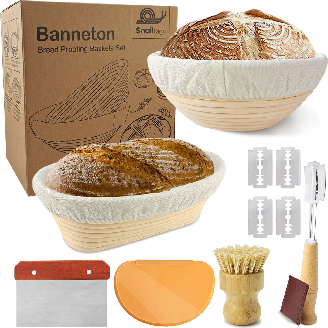 Banneton Brotgärkörbchen-Set für Sauerteigbrotbacken: 23cm runde & 25cm ovale Rattan-Gärkörbchen mit