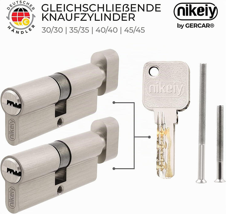 GERCAR Pro 2er Set Knaufzylinder gleichschliessend 60mm Schliesszylinder mit Knauf 30/30 Zylinder -