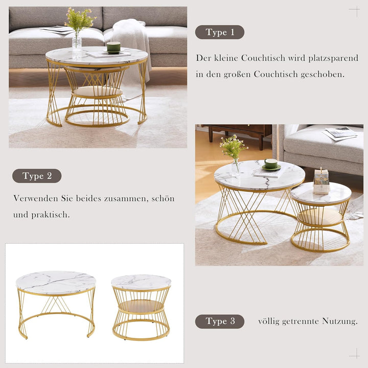 Merax Couchtisch 2er Set, Hochglanz Wohnzimmertisch mit Stauraum, Coffee Table für Wohnzimmer, Balko