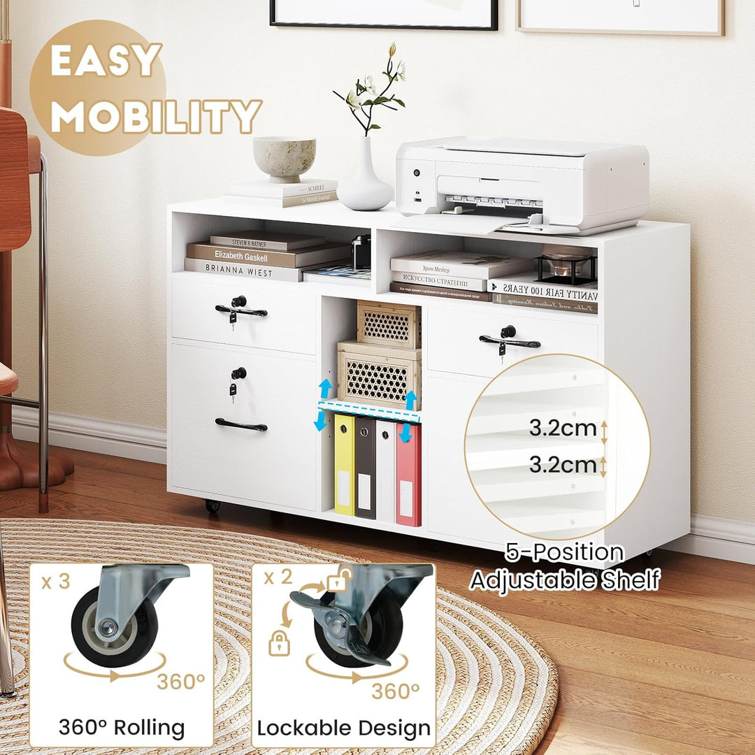 KOMFOTTEU Aktenschrank mit Rollen, Rollcontainer abschliessbar mit 4 Schubladen, Bürowagen mit verst