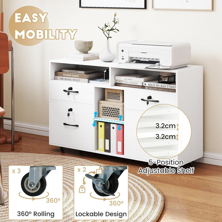KOMFOTTEU Aktenschrank mit Rollen, Rollcontainer abschliessbar mit 4 Schubladen, Bürowagen mit verst