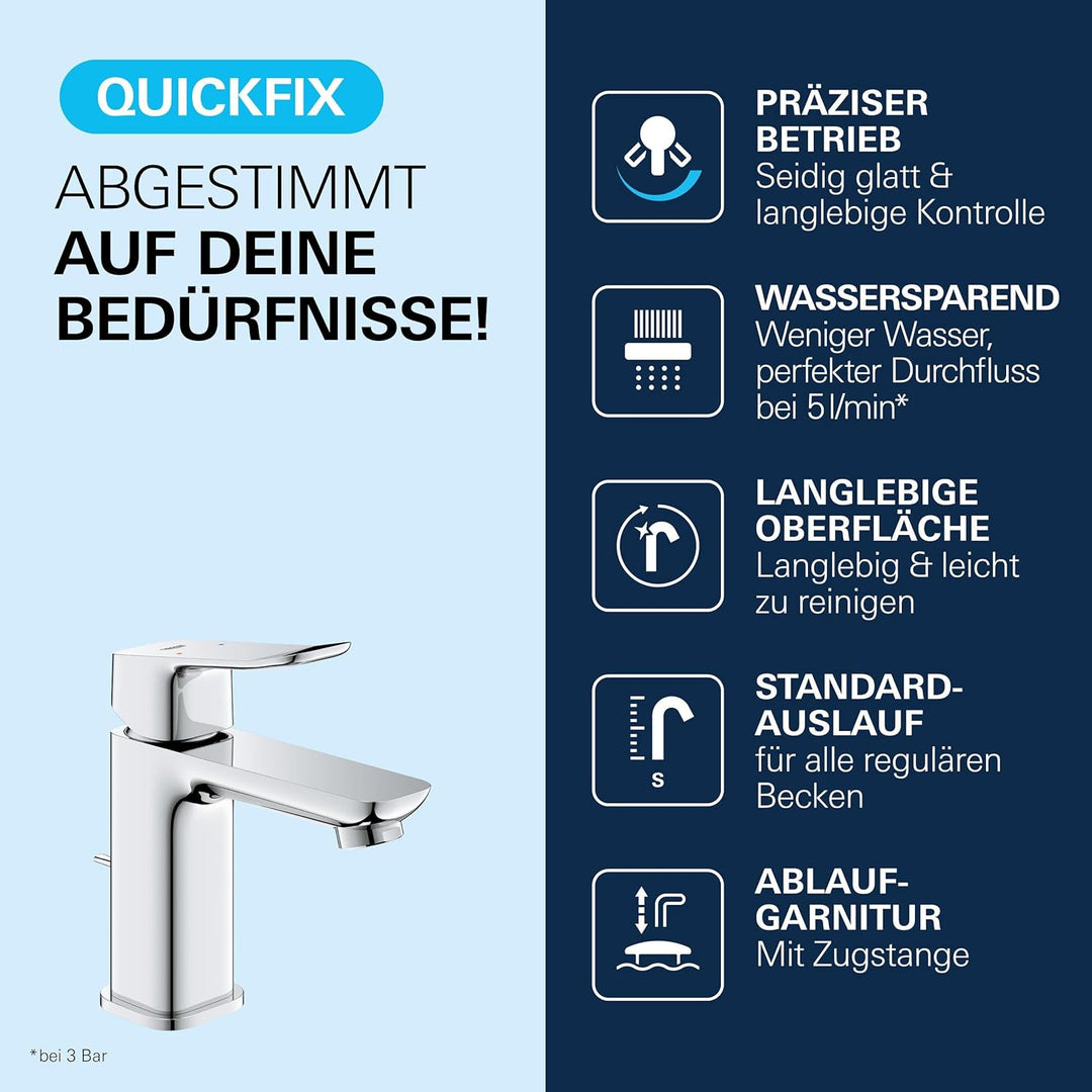 GROHE Dice, Waschtischarmatur, wassersparend (Wasserhahn für das Bad, Badarmatur mit Zugstangen-Abla