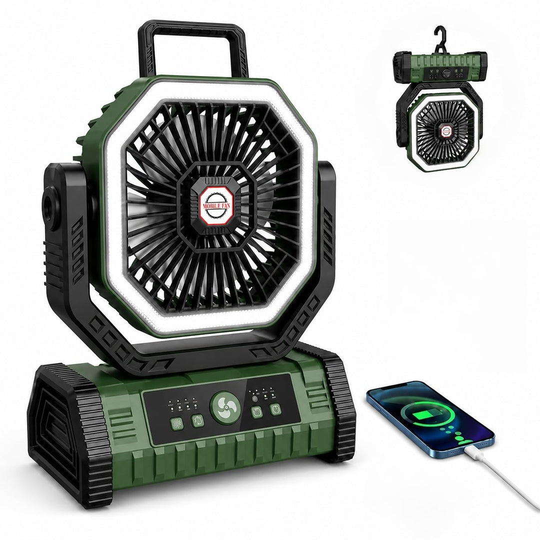 Vxoyo 20000mAh camping ventilator mit Licht, 4 Stufen, Akku-Zeltlüfter mit FB &amp; Haken, 8h Timer, Ebe