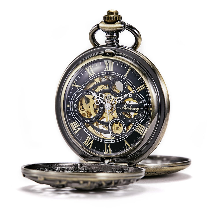 TREEWETO Mechanische Taschenuhr – Dream Dragon Skelett Half Hunter Double Open Silber Gehäuse Bronze