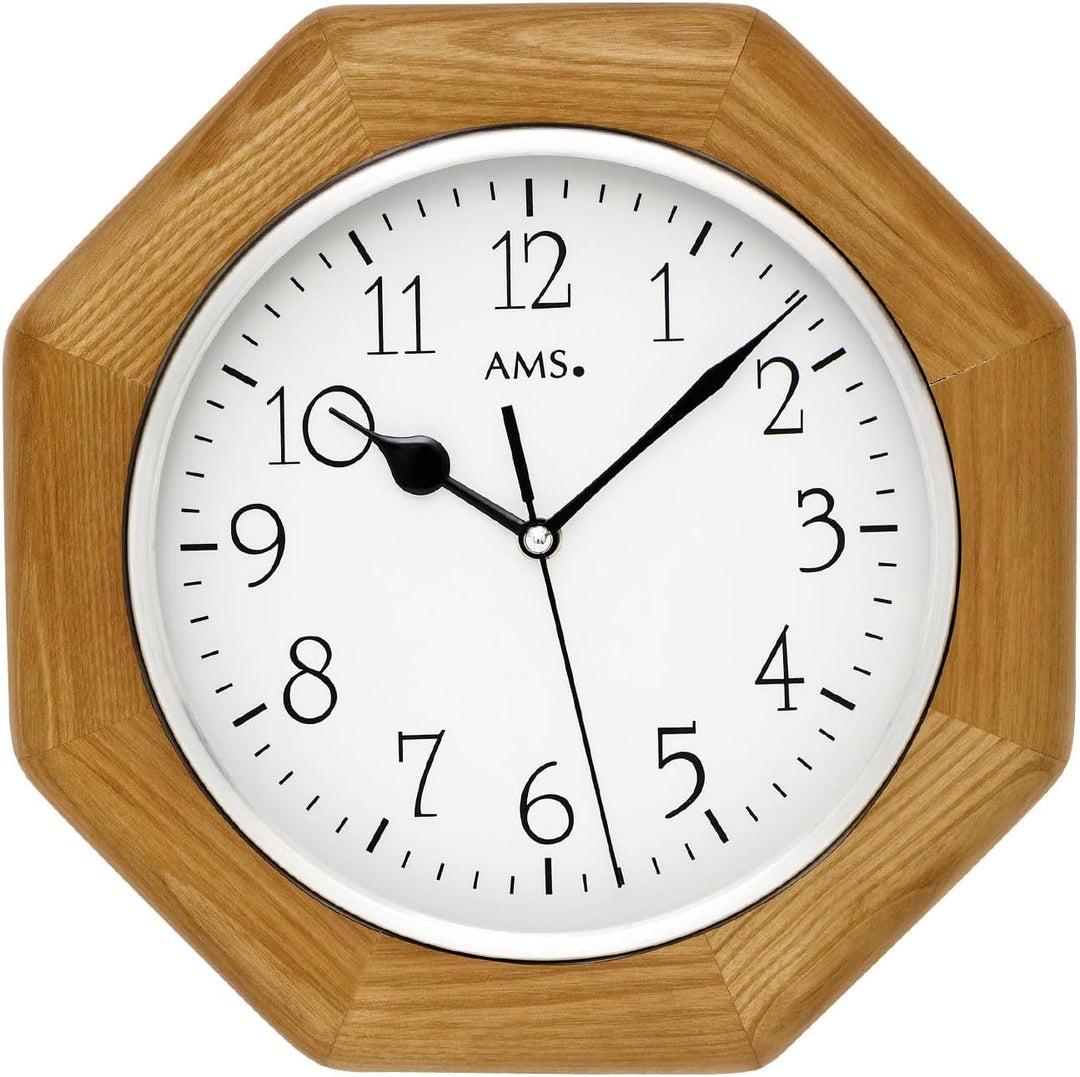 AMS Funk-Wanduhr 5512 Vaduz, Funk-Uhrwerk, Eiche, Achteck, Holzgehäuse, Aluminium-Frontreif, Mineral