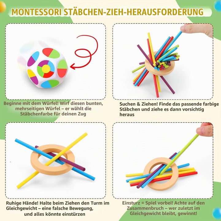 Montessori Brettspiel aus Holz für Kinder Spiel 40 Stück Bunte Holzstäbchen Würfelspiel Lernspielzeu