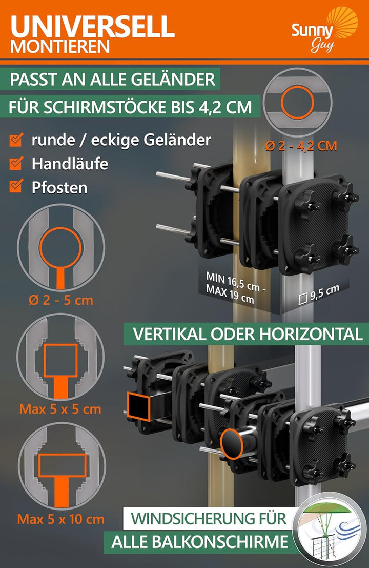 4smile Sonnenschirmhalter Balkongeländer SunnyGuy 2.0 in Schwarz + Windsicherung für Sonnenschirme -